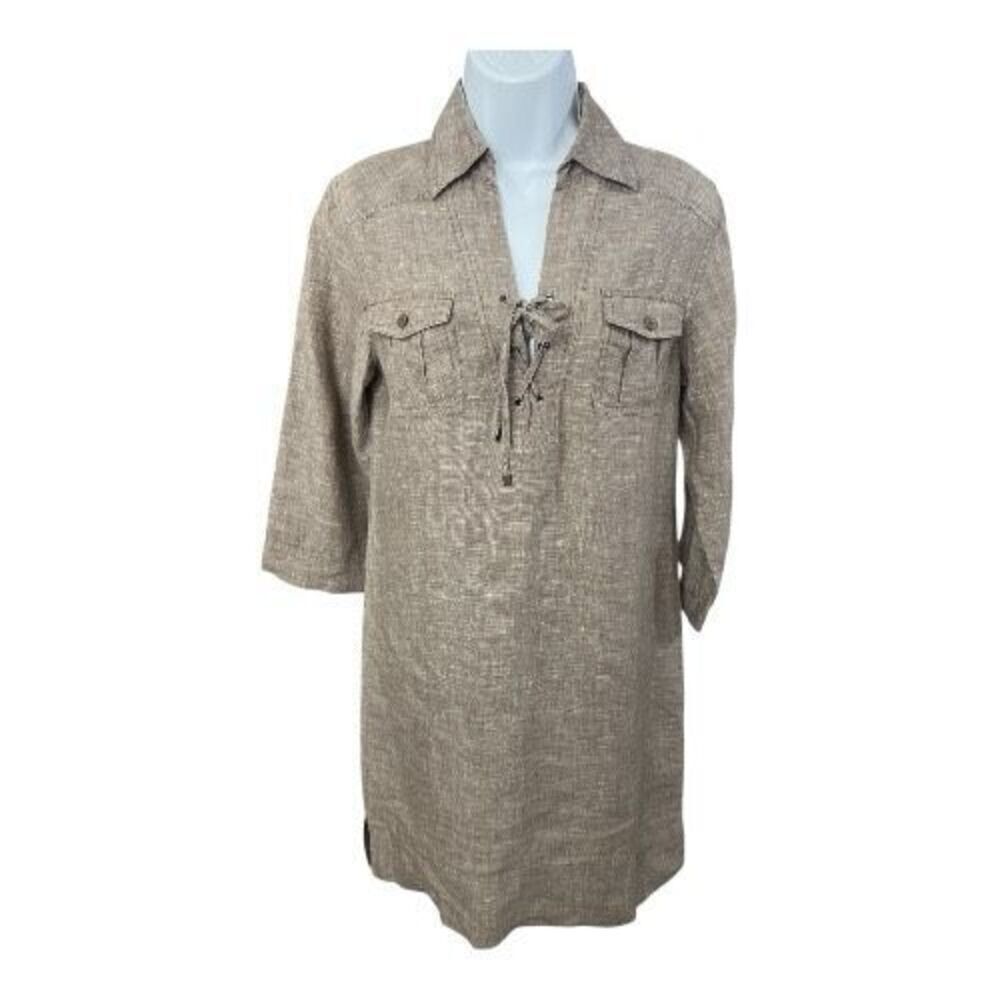 Tommy Bahama Women Size XS Brown Linen Collared Shirt Dress Roll-Tab Sleeve - Picture 2 of 15